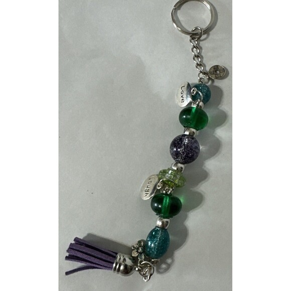 Handmade Epoxy Resin Key Chain Or Purse Charm Green Purple Blue Glitter Beads - Picture 4 of 7